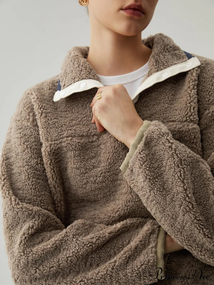 Button Down Collar Trendy Contrast Trim Sherpa Sweater Sweatshirts