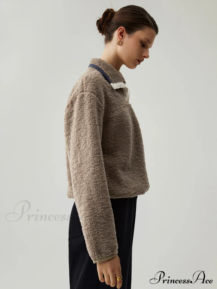 Button Down Collar Trendy Contrast Trim Sherpa Sweater Sweatshirts