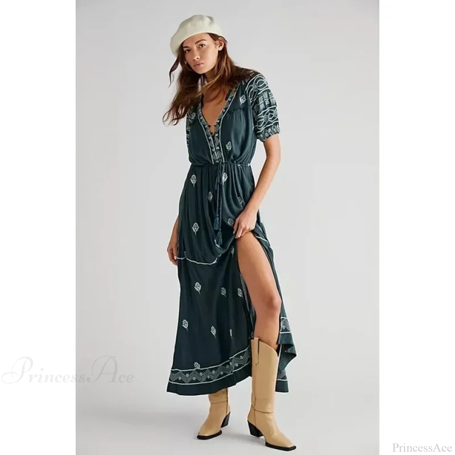 Button Down Embroidery Short Sleeve Chic Boho Dress Dark Green / S bohodress-250126