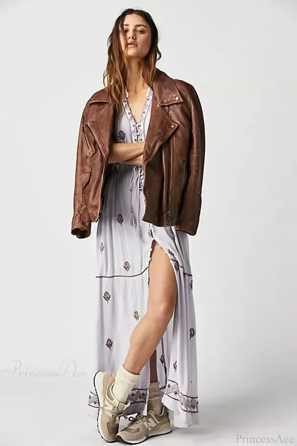 Button Down Embroidery Short Sleeve Chic Boho Dress Light Grey / S bohodress-250126