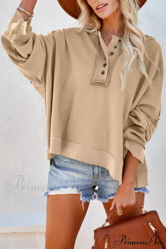 Khaki Casual Button Solid Patchwork Trim Hoodie Khaki 56%Cotton+44%Polyester All In Stock clothes Color Khaki Craft Patchwork long sleeve shirts long sleeve top Occasion Daily Print Solid Color Season Fall & Autumn Style Casual Sweater sweaters Sweatshirt