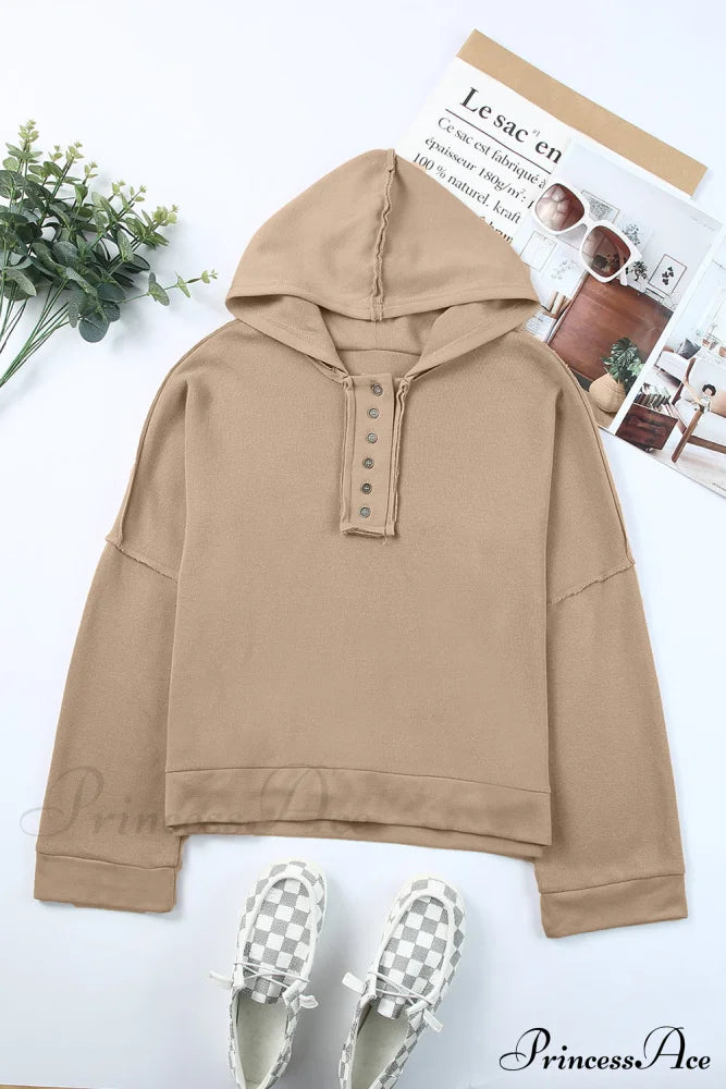 Button Khaki Solid Trim Casual Patchwork Hoodie Sweaters-L
