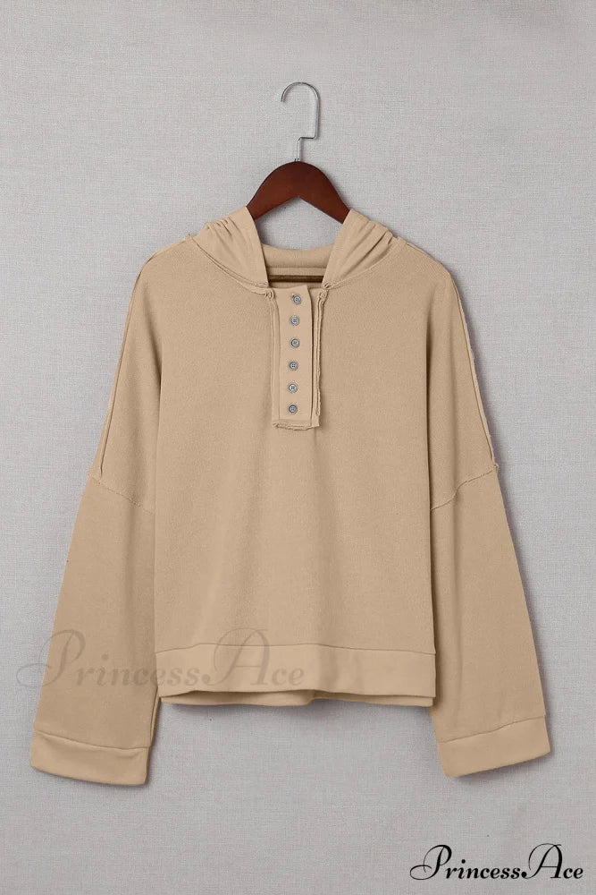 Button Khaki Solid Trim Casual Patchwork Hoodie Sweaters-L