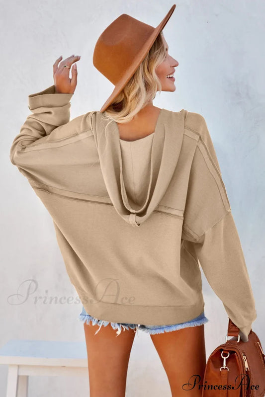 Button Khaki Solid Trim Casual Patchwork Hoodie Sweaters-L