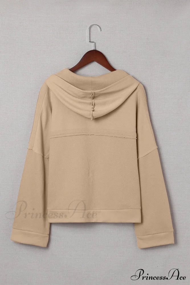 Button Khaki Solid Trim Casual Patchwork Hoodie Sweaters-L