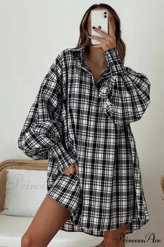Button Plaid Arm Oversized Down Bishop Shirt Tops