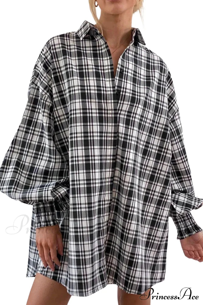 Button Plaid Arm Oversized Down Bishop Shirt Tops