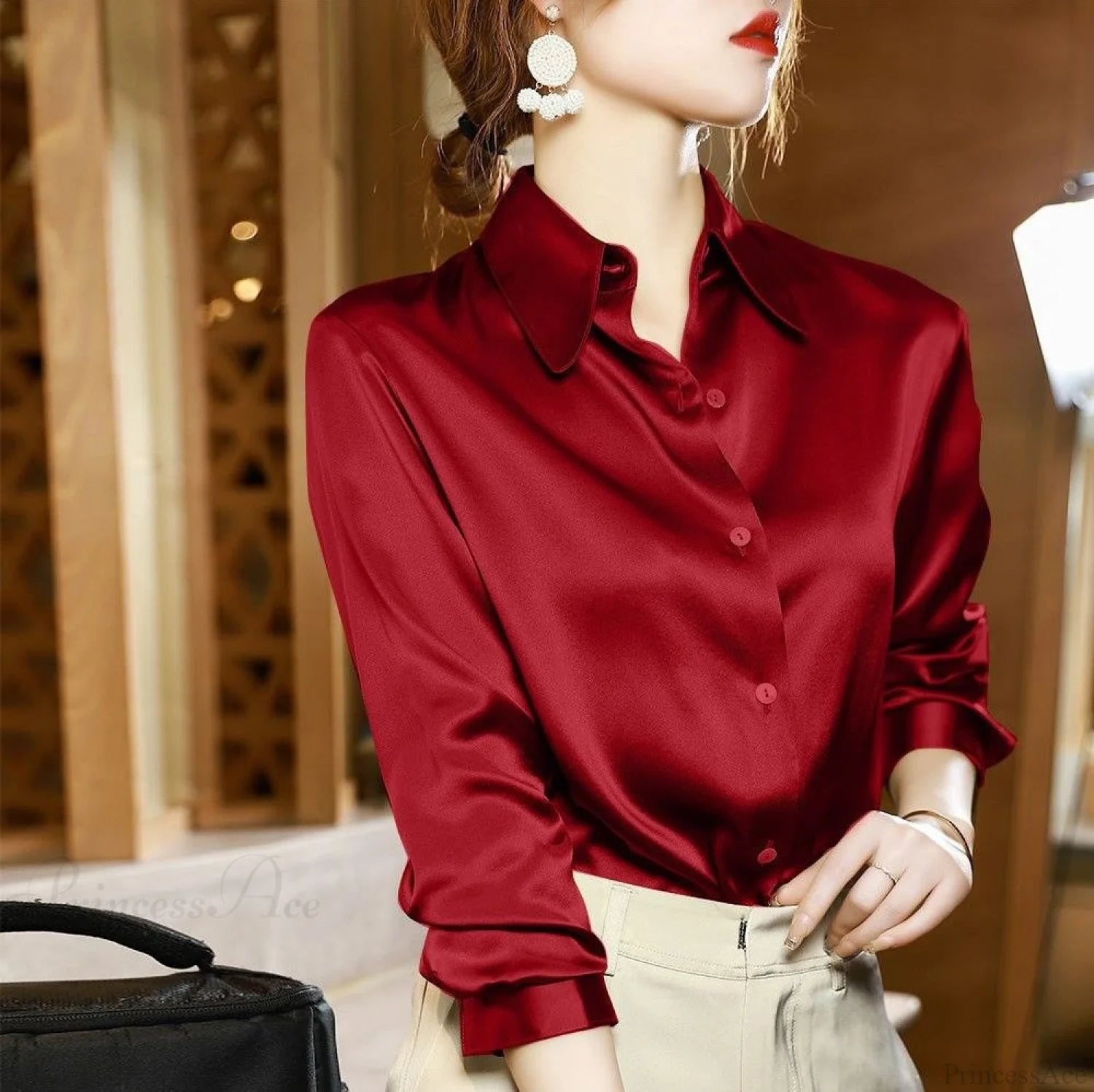 Button Satin - Women’s Blouse Silk Luxury Office Crepe Up Elegant Top