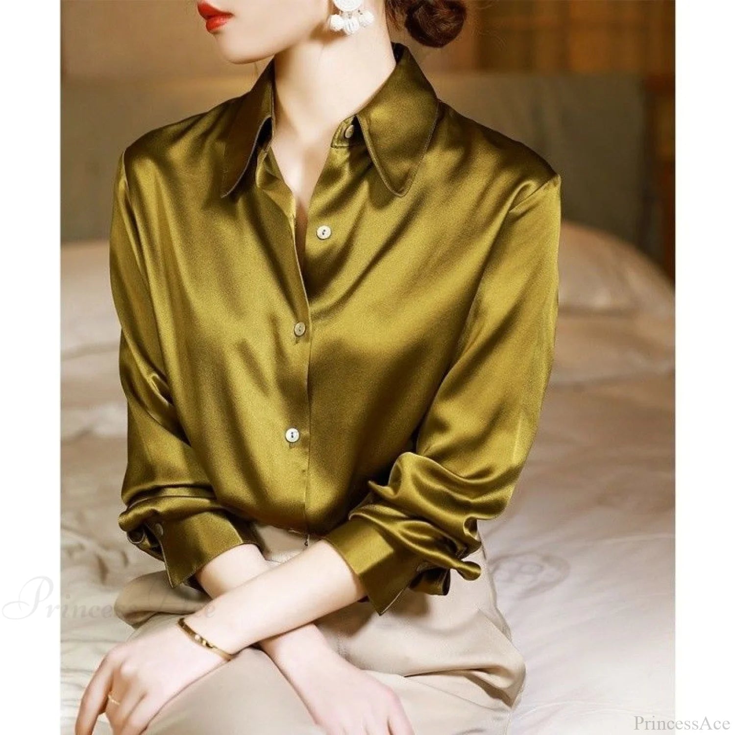 Button Satin - Women’s Blouse Silk Luxury Office Crepe Up Elegant Top