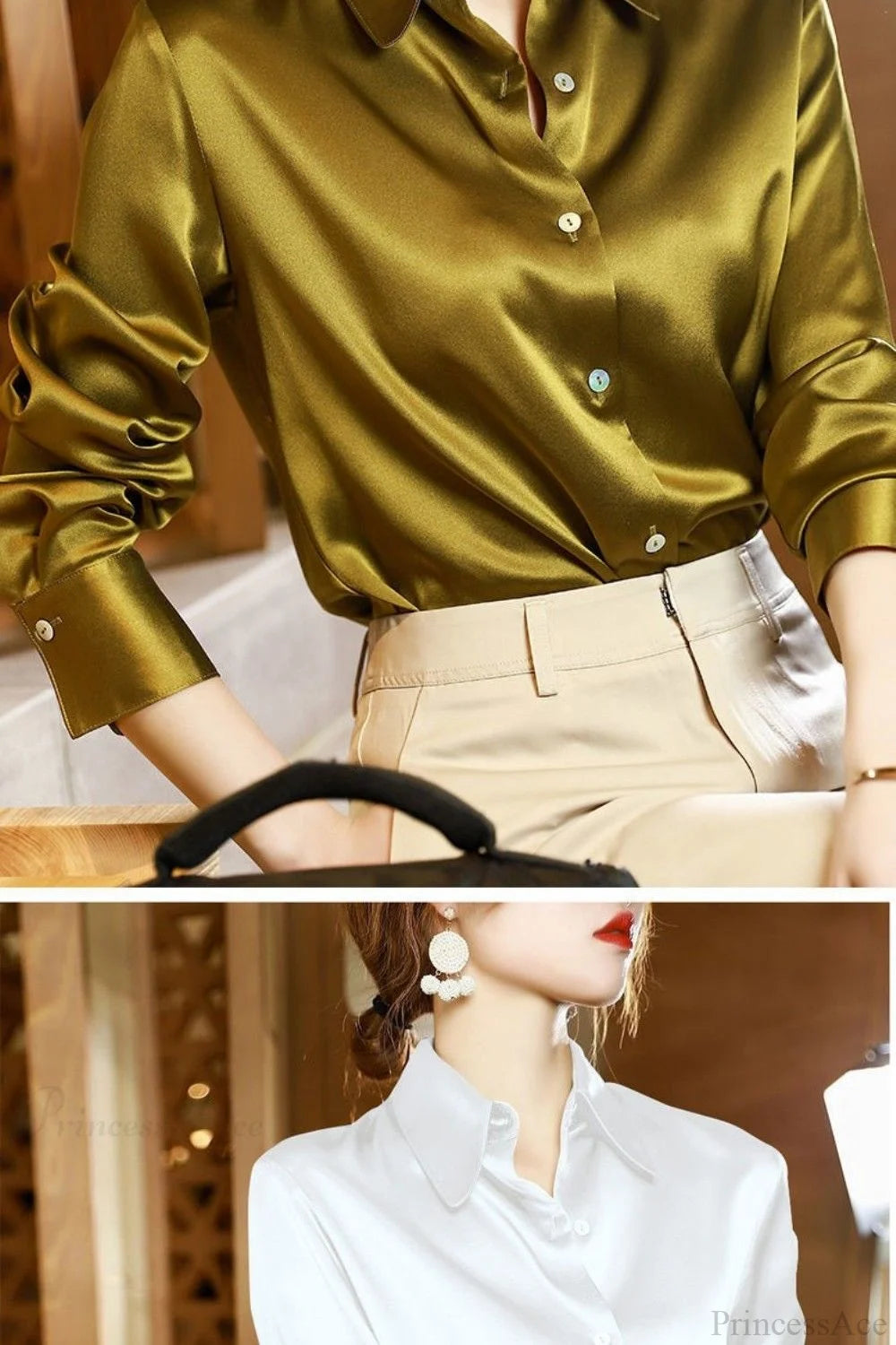 Button Satin - Women’s Blouse Silk Luxury Office Crepe Up Elegant Top