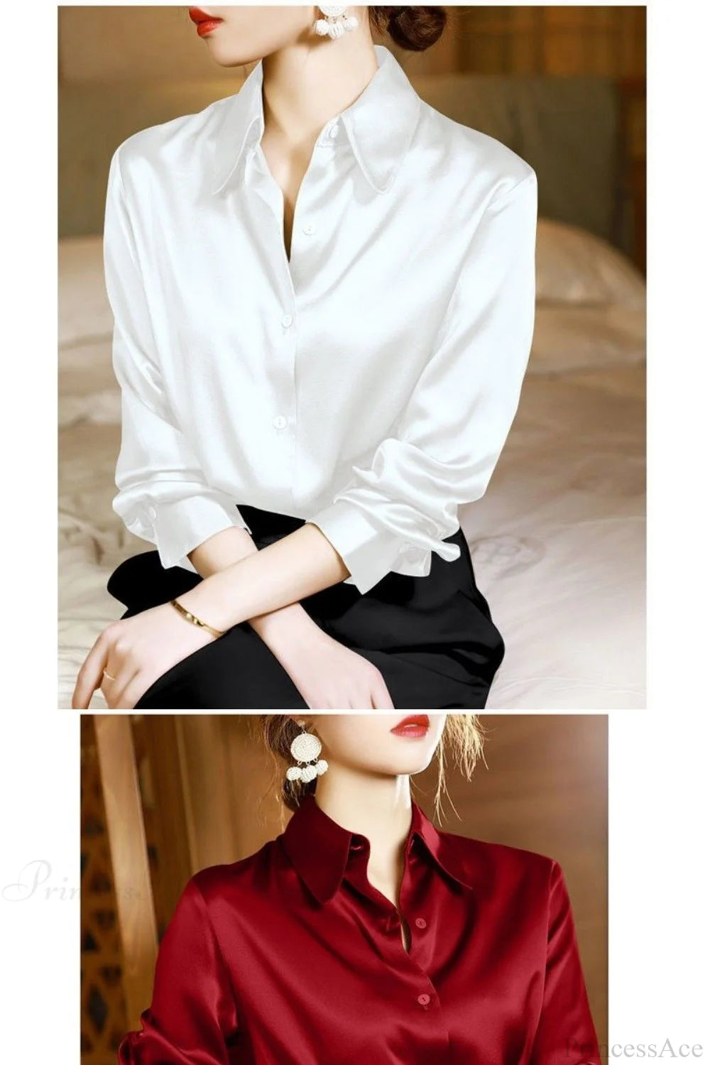 Button Satin - Women’s Blouse Silk Luxury Office Crepe Up Elegant Top