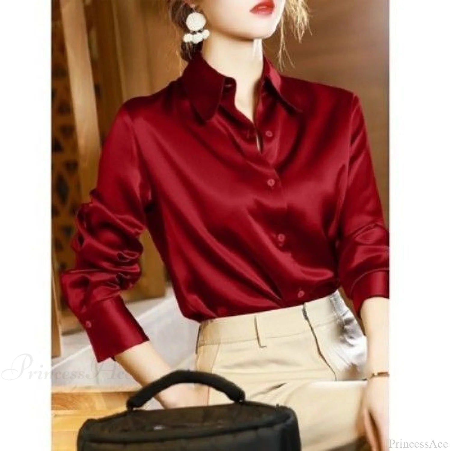 Button Satin - Women’s Blouse Silk Luxury Office Crepe Up Elegant Top Auburn / S