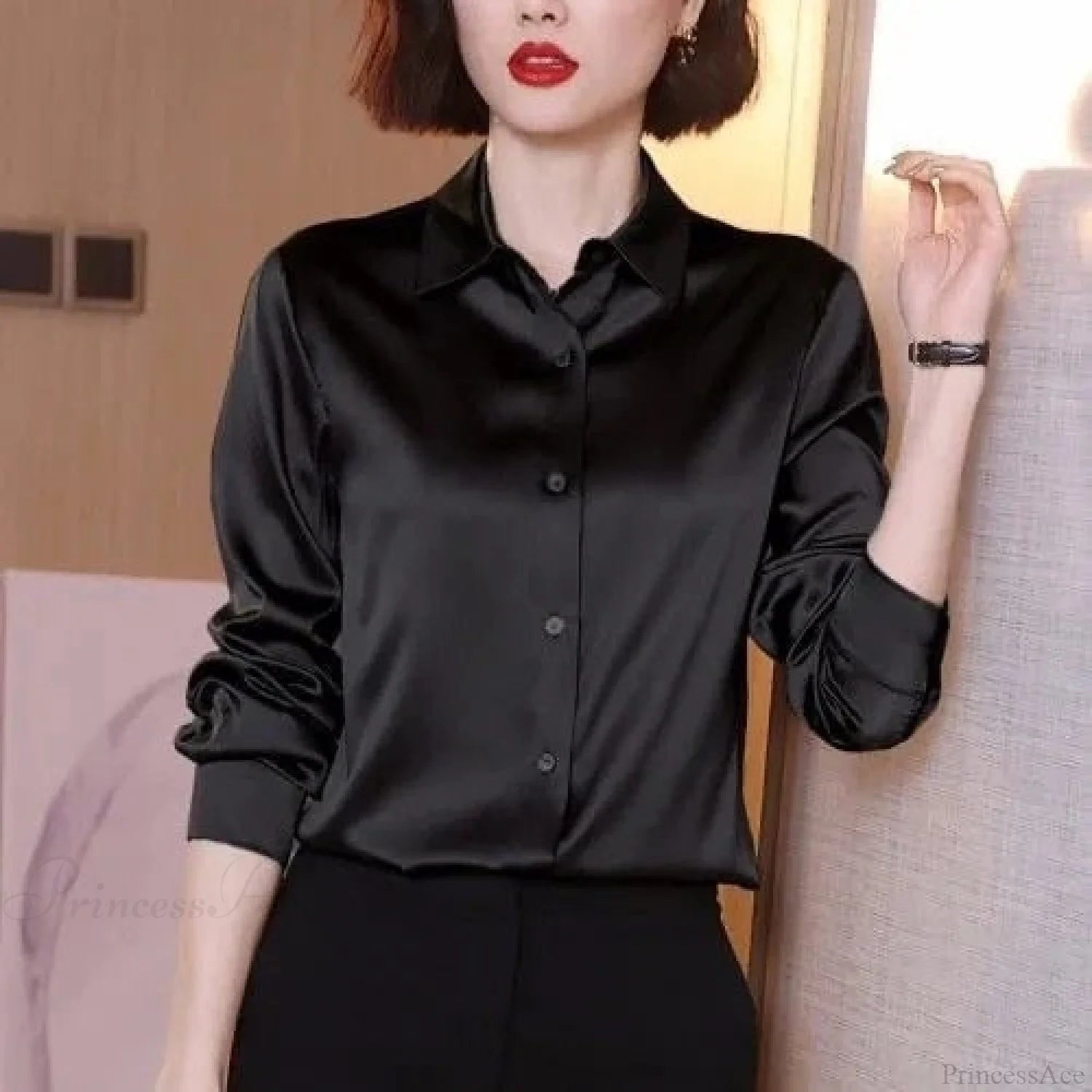 Button Satin - Women’s Blouse Silk Luxury Office Crepe Up Elegant Top Black / S
