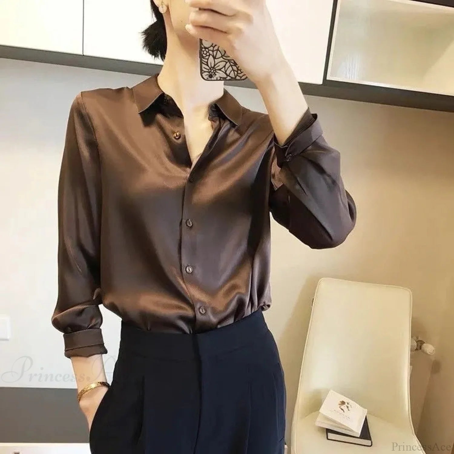 Button Satin - Women’s Blouse Silk Luxury Office Crepe Up Elegant Top Chocolate / S