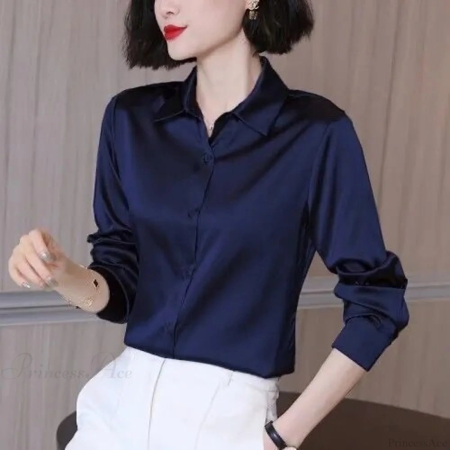 Button Satin - Women’s Blouse Silk Luxury Office Crepe Up Elegant Top Dark Blue / S
