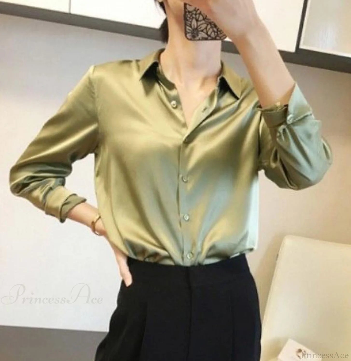 Button Satin - Women’s Blouse Silk Luxury Office Crepe Up Elegant Top Lgreen / S