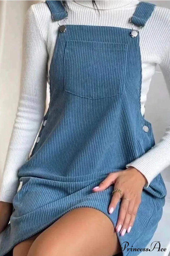 Button Strap Corduroy Dress Blue / S Mini Dresses