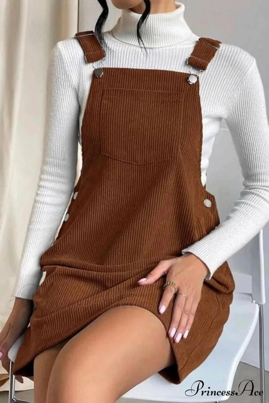 Button Strap Corduroy Dress Coffee / S Mini Dresses