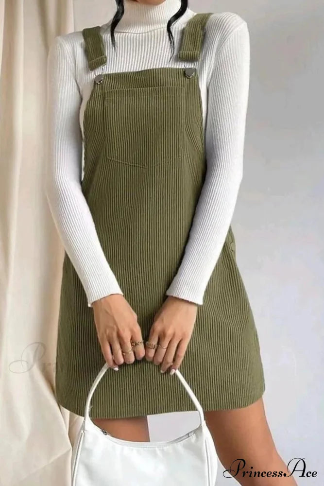 Button Strap Corduroy Dress Green / S Mini Dresses