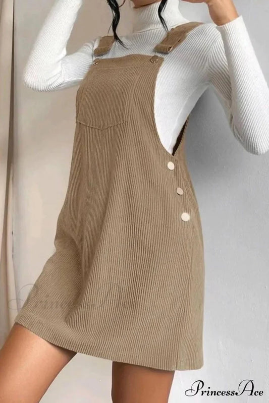 Button Strap Corduroy Dress Khaki / S Mini Dresses