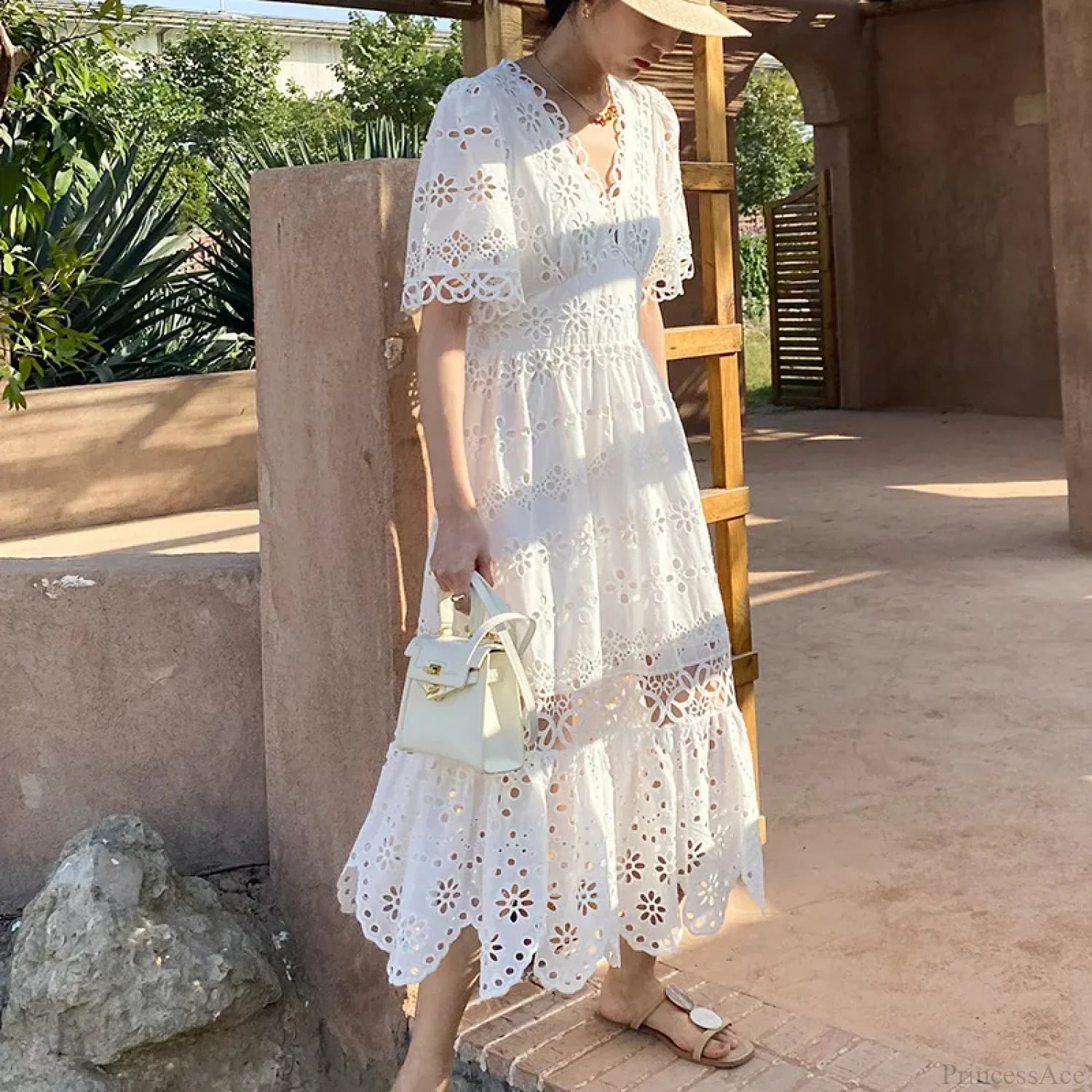 Button Up Embroidery Lantern Sleeve Cotton Boho Dress bohodress-250126