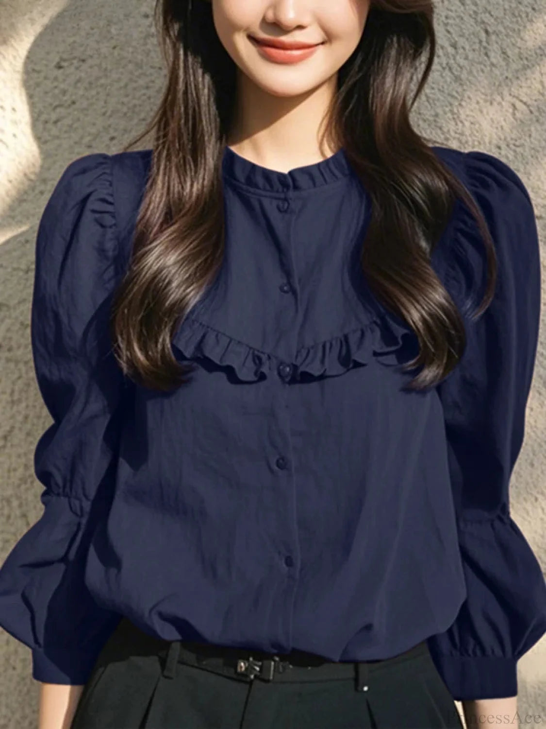 Button-Up O-neck Lantern Sleeve Casual Blouse Dark Blue / S blouse-250126