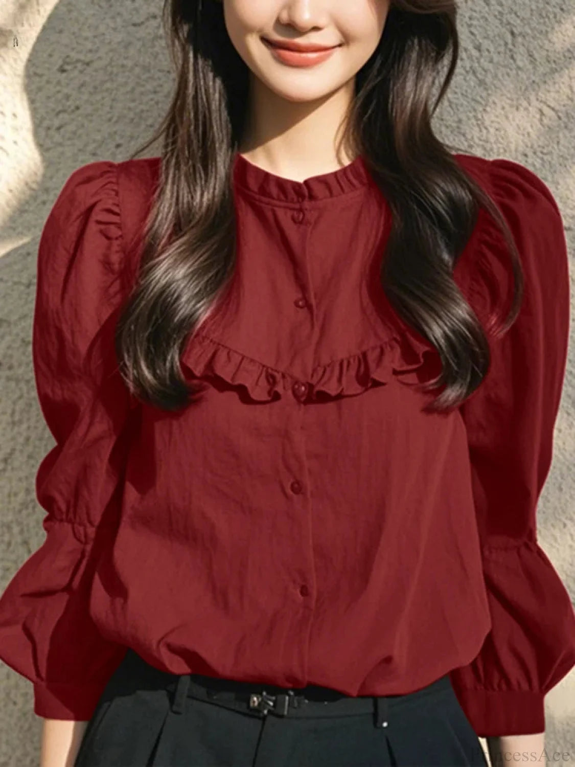 Button-Up O-neck Lantern Sleeve Casual Blouse Red / S blouse-250126