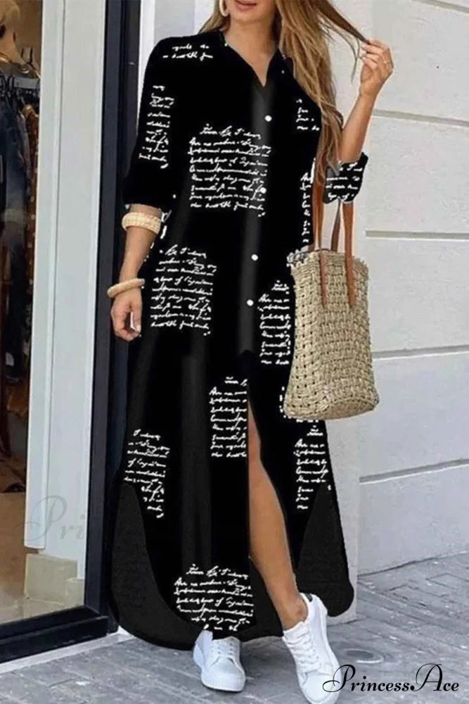 Button Up Pocket Shirt Dress - Long Sleeve Black And White Letters / S Midi Dresses