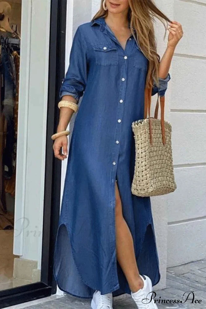 Button Up Pocket Shirt Dress - Long Sleeve Denim Blue / S Midi Dresses