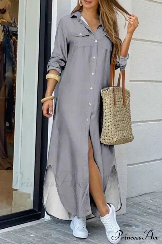 Button Up Pocket Shirt Dress - Long Sleeve Grey / S Midi Dresses