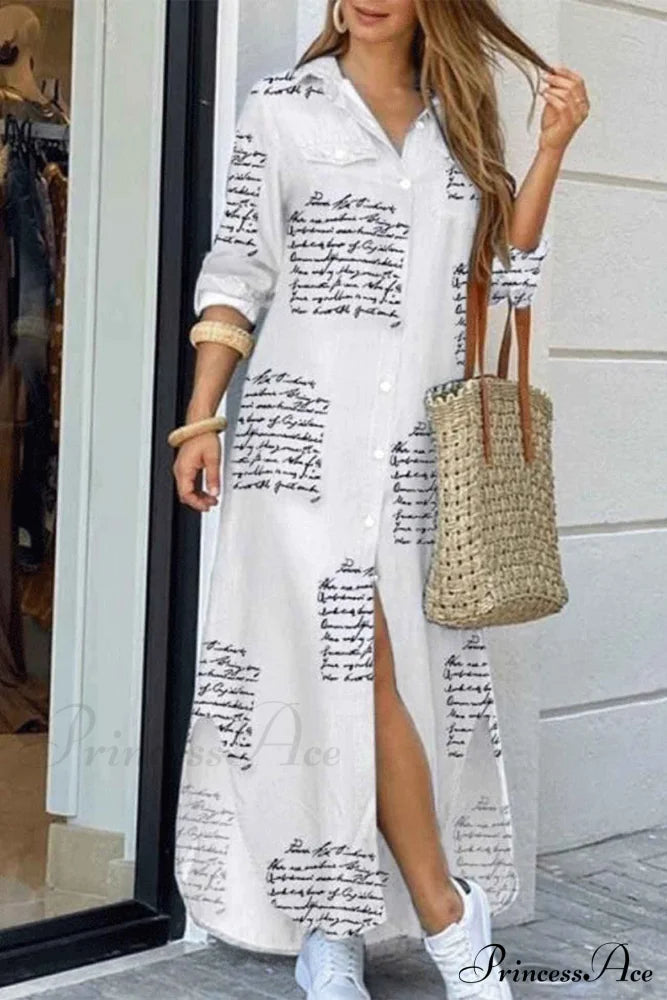 Button Up Pocket Shirt Dress - Long Sleeve Letters / S Midi Dresses