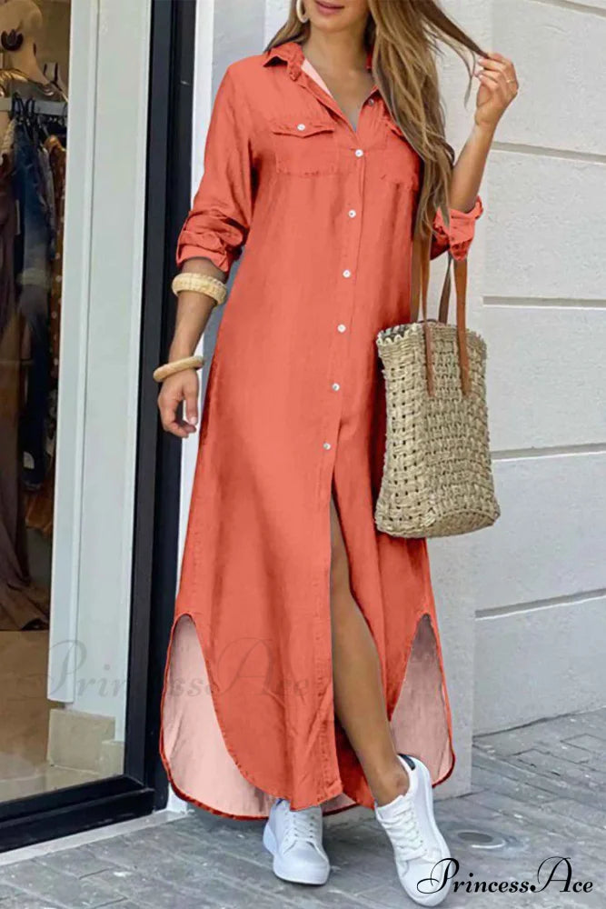 Button Up Pocket Shirt Dress - Long Sleeve Orange / S Midi Dresses