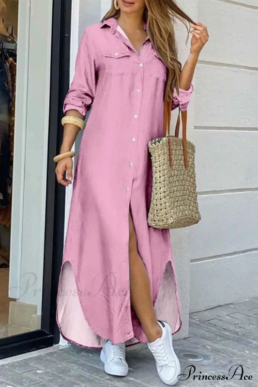 Button Up Pocket Shirt Dress - Long Sleeve Pink / S Midi Dresses