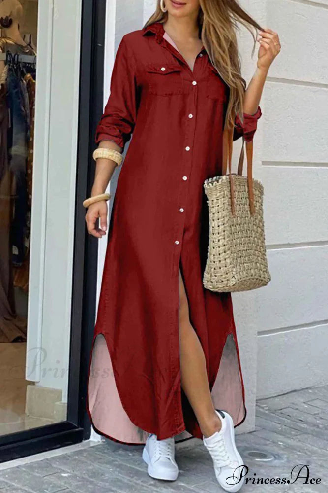 Button Up Pocket Shirt Dress - Long Sleeve Wine Red / S Midi Dresses