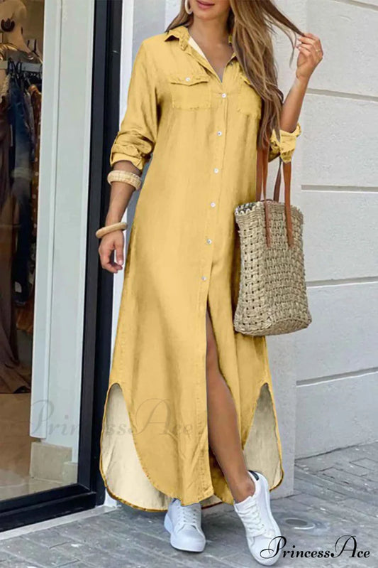 Button Up Pocket Shirt Dress - Long Sleeve Yellow / S Midi Dresses