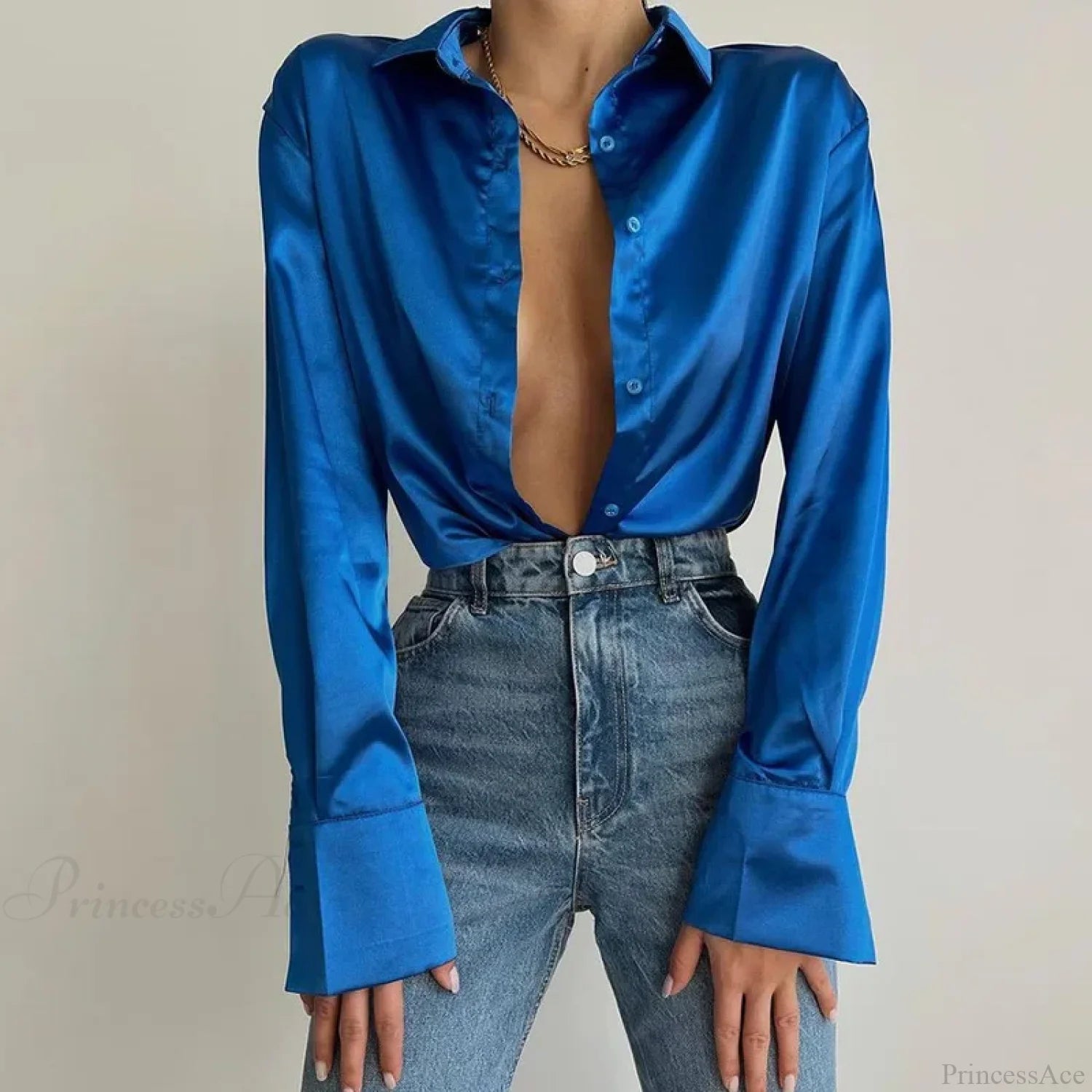 Button Up Satin Long Sleeve White Blouse Blue / S blouse-250223