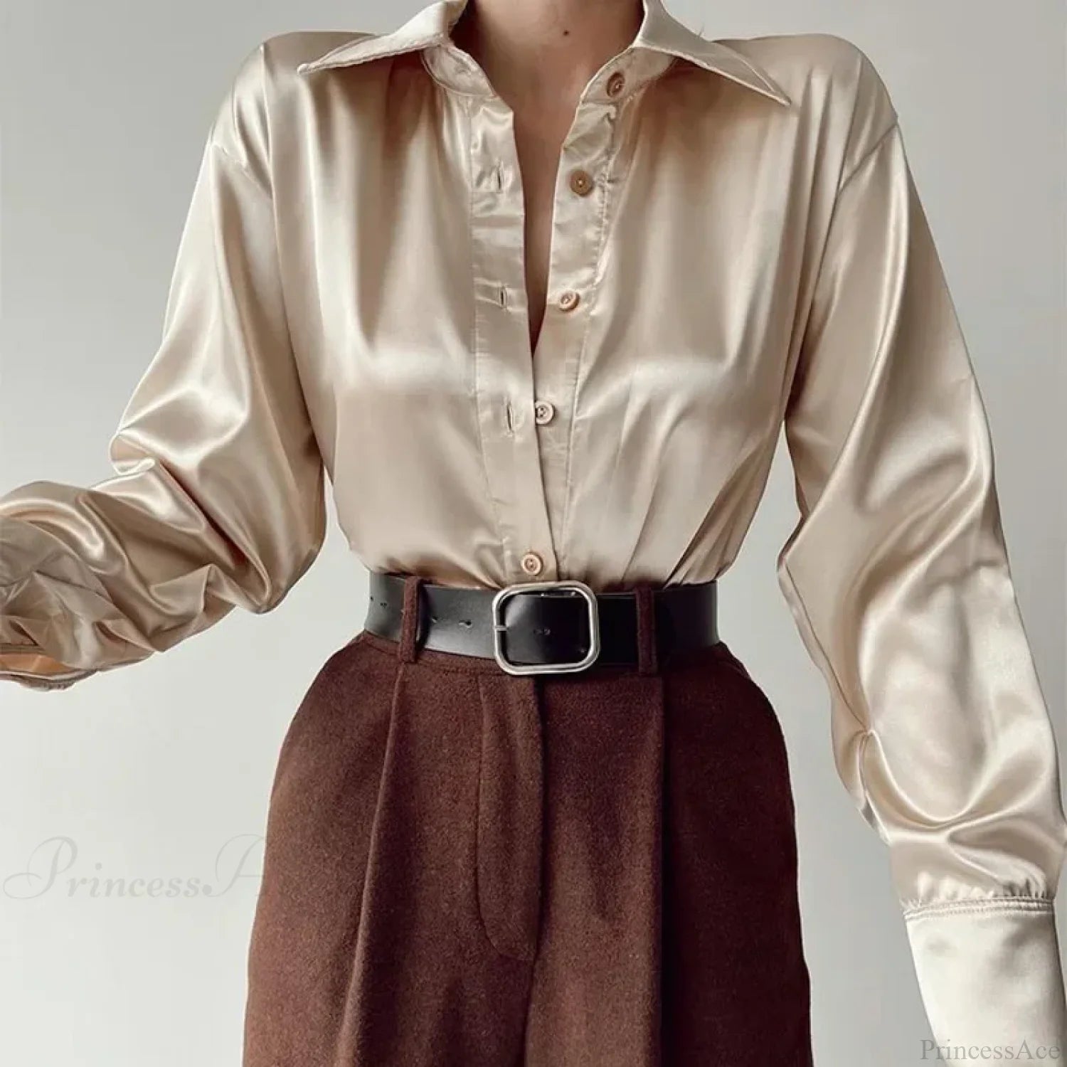 Button Up Satin Long Sleeve White Blouse Champagne / S blouse-250223