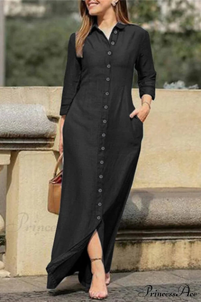 Button Up Shirt Dress With Lapel Black / S Maxi Dresses