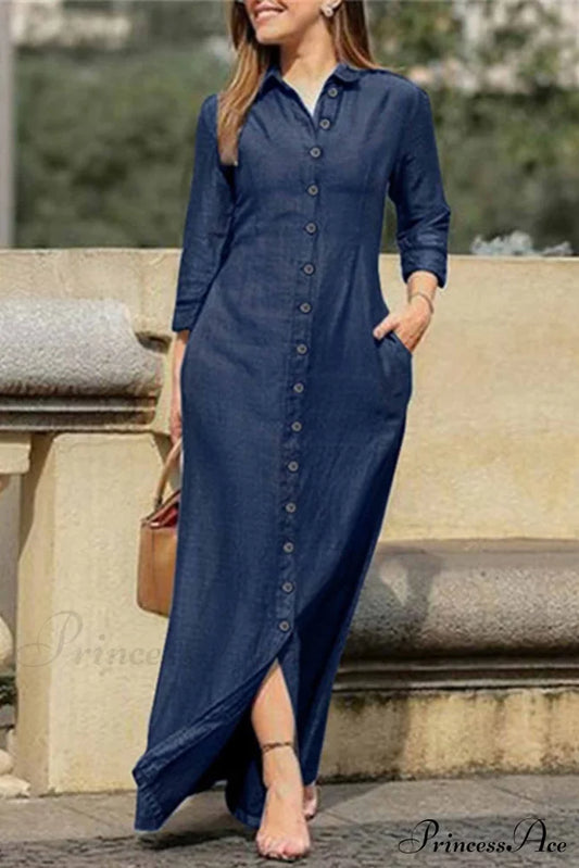 Button Up Shirt Dress With Lapel Dark Blue / S Maxi Dresses