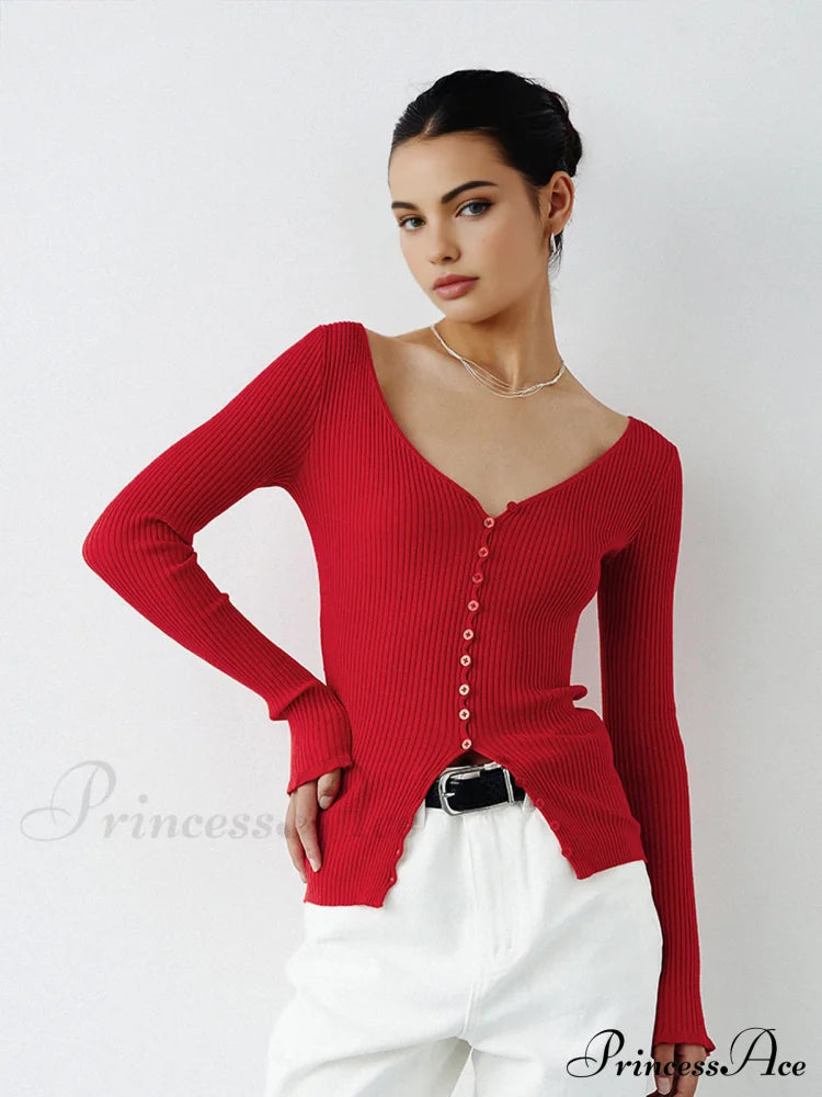 Button V Graceful Neck Knit Cardigan Sweaters-L