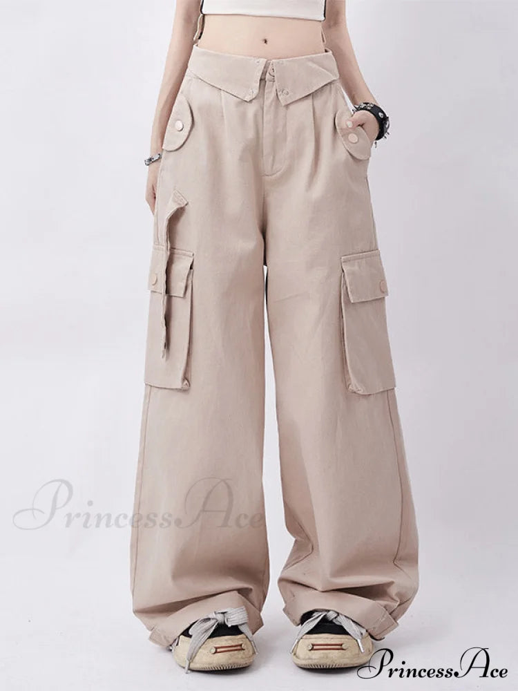 Buttoned Green Graceful Baggy Boyfriend Jeans Apricot / S Cargo Pants