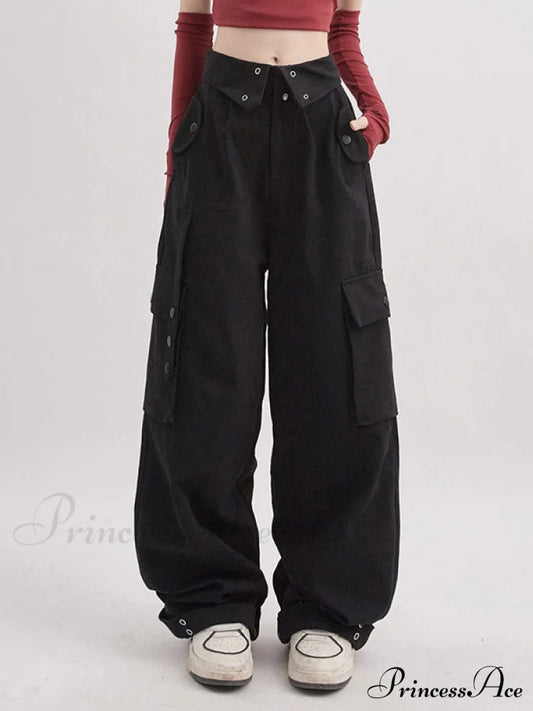 Buttoned Green Graceful Baggy Boyfriend Jeans Black / S Cargo Pants