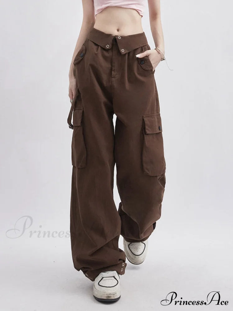 Buttoned Green Graceful Baggy Boyfriend Jeans Brown / S Cargo Pants