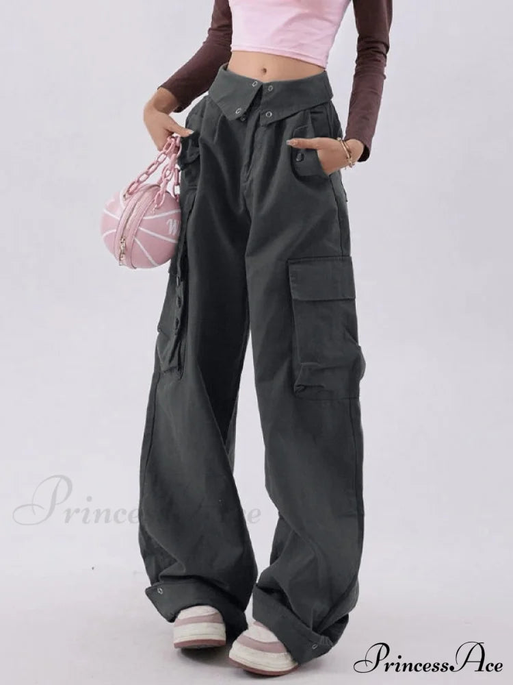 Buttoned Green Graceful Baggy Boyfriend Jeans Cargo Pants