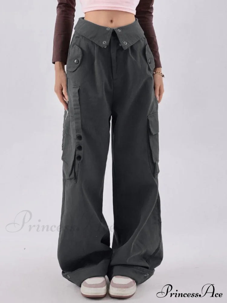 Buttoned Green Graceful Baggy Boyfriend Jeans Cargo Pants