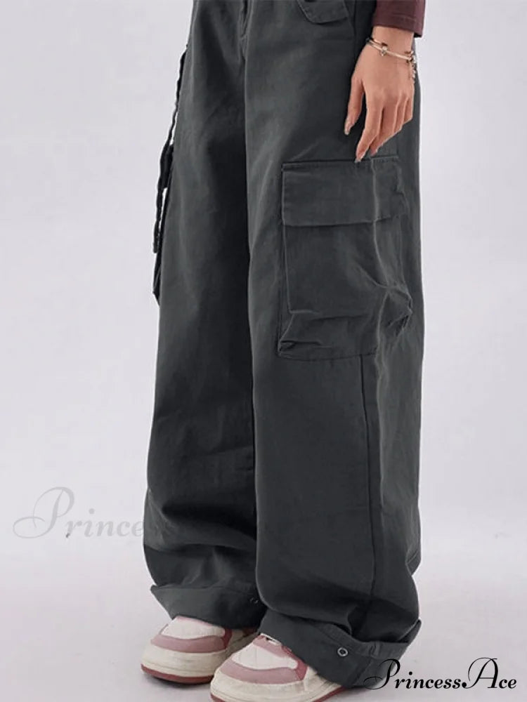 Buttoned Green Graceful Baggy Boyfriend Jeans Cargo Pants