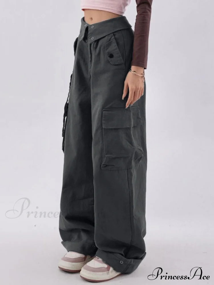 Buttoned Green Graceful Baggy Boyfriend Jeans Cargo Pants