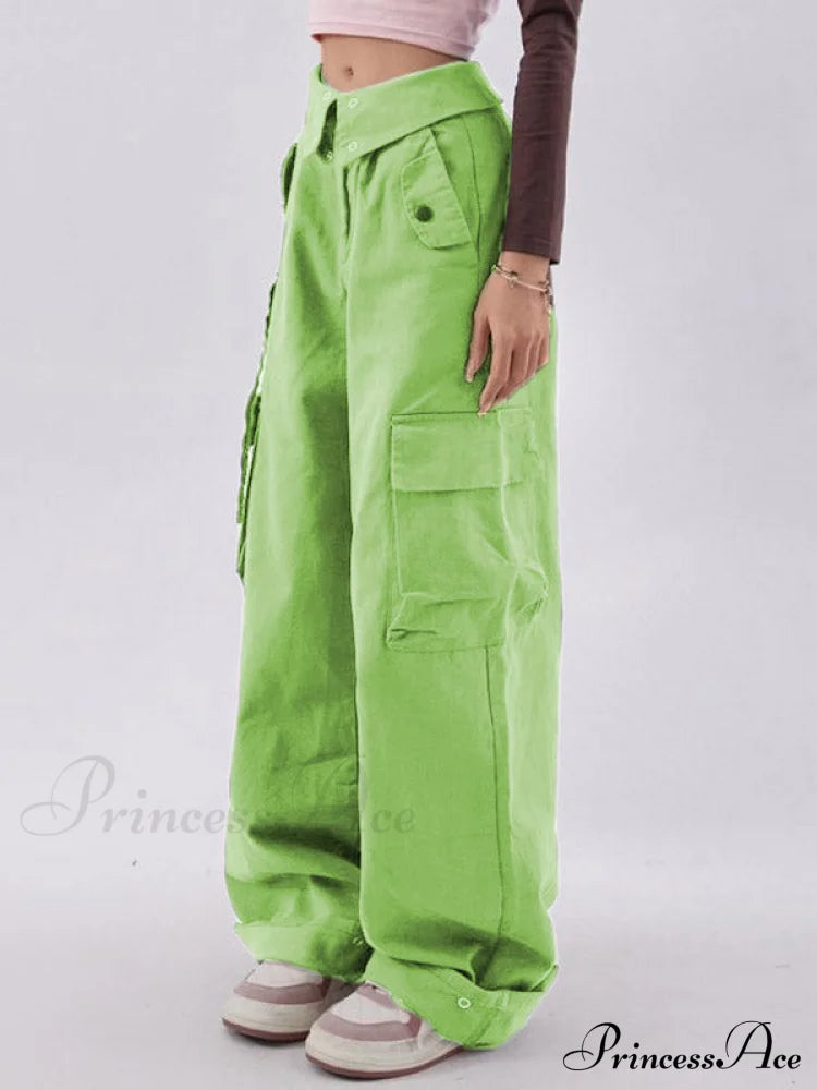 Buttoned Green Graceful Baggy Boyfriend Jeans Cargo Pants