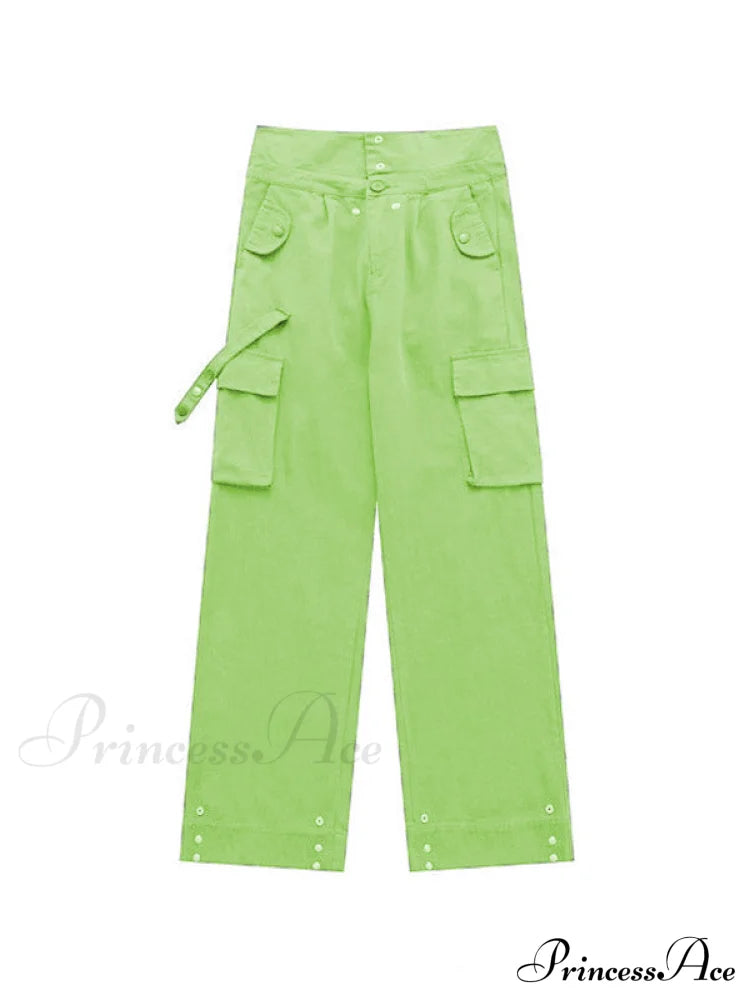 Buttoned Green Graceful Baggy Boyfriend Jeans Cargo Pants