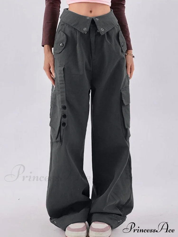 Buttoned Green Graceful Baggy Boyfriend Jeans Gray / S Cargo Pants